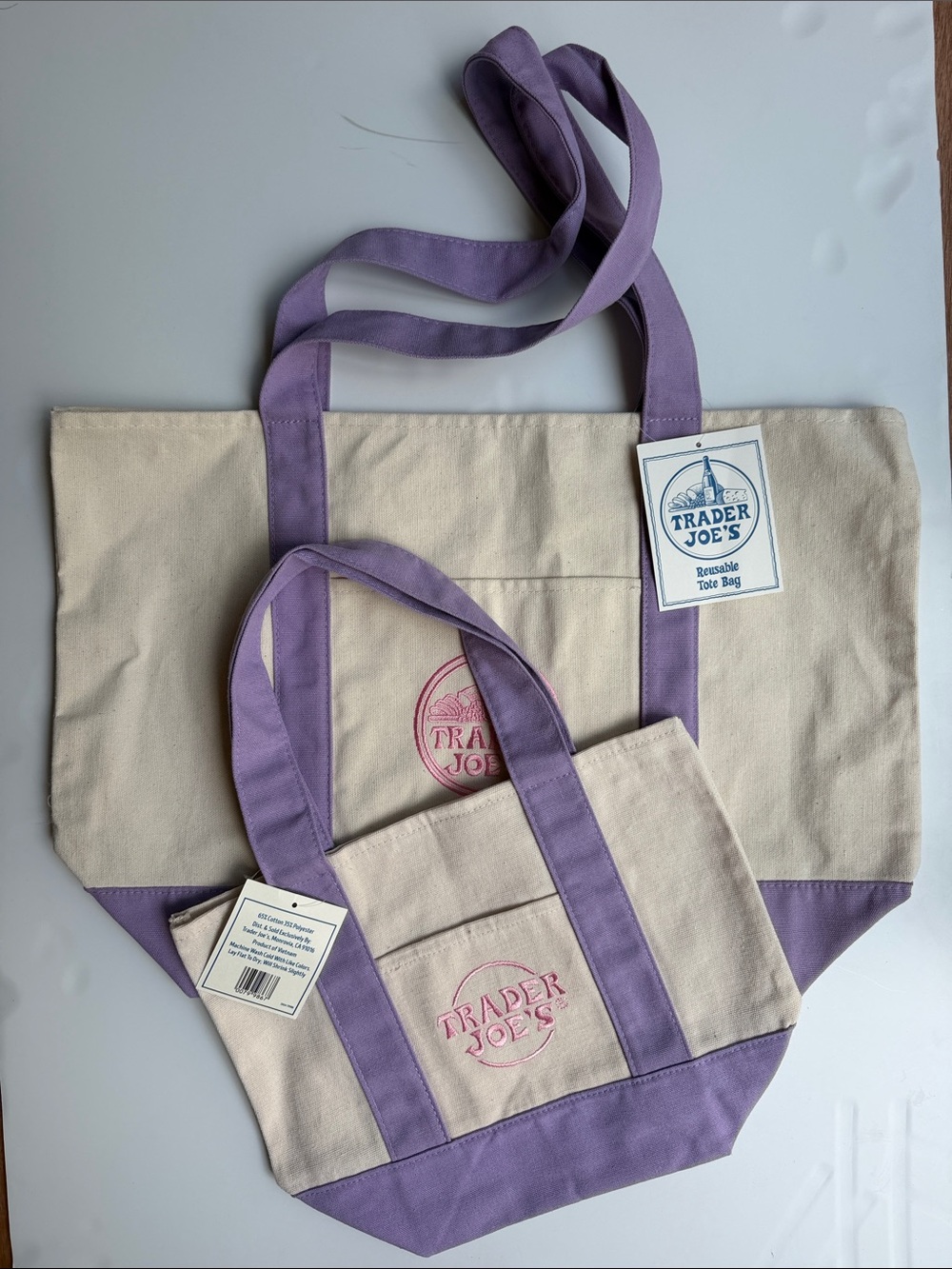 Trader Joe’s Canvas Large and Mini Tote Bag Set- Cream with Lavender Handles - Picture 7 of 7